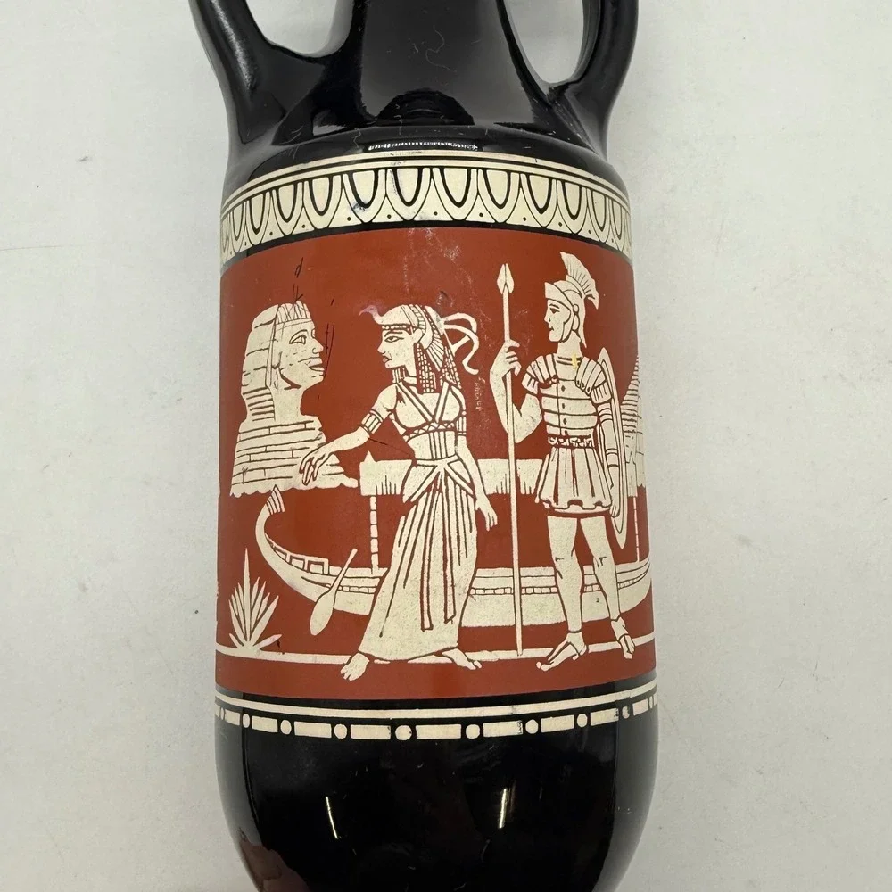 Vintage Black Amphora Vase Greek‎ Roman Figures Red Band Art Decor -scratches